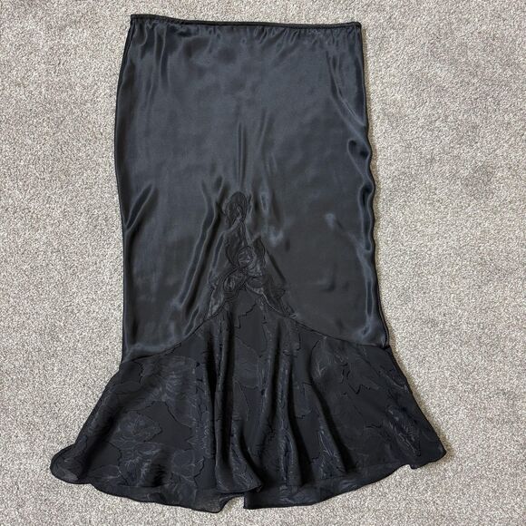 Natori Skirt Womens S/M Black Satin Slip Mermaid Trumpet Floral Lace Midi Classy - Picture 1 of 10